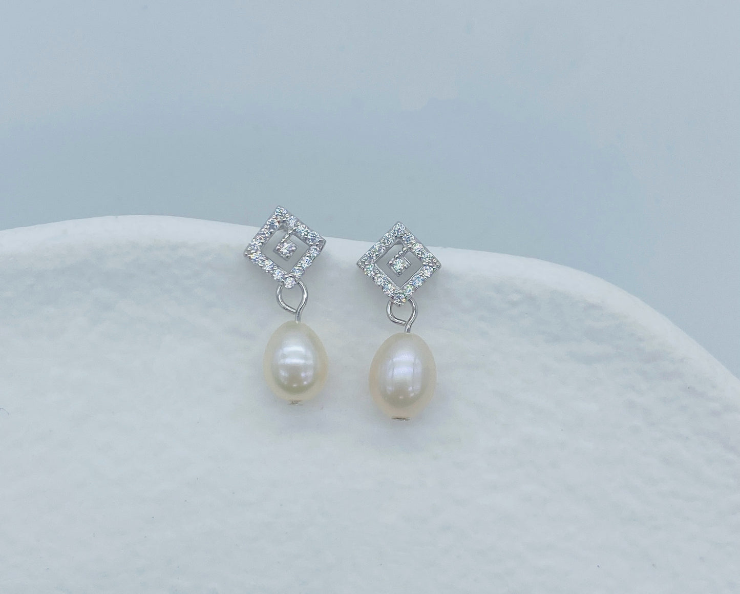 Small Diamond Shape Silver - Pearl Earrings