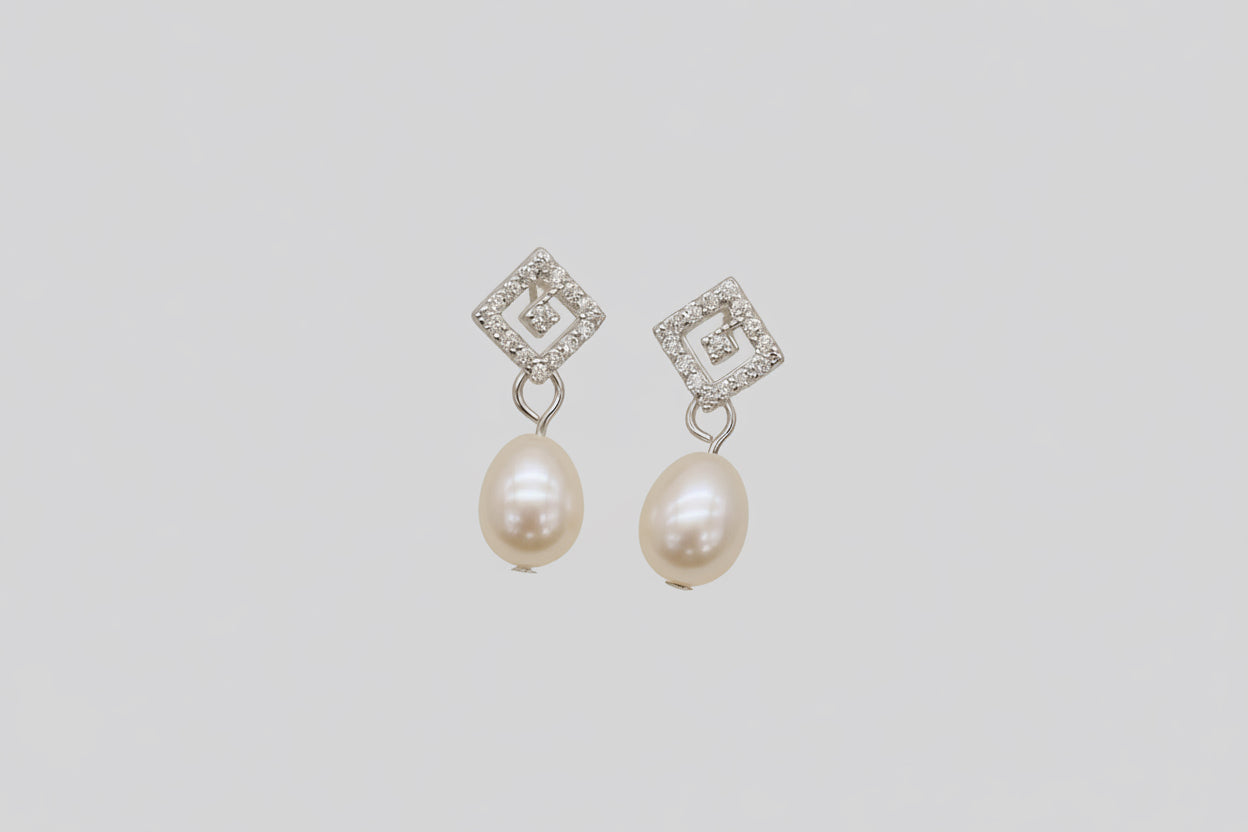 Small Diamond Shape Silver - Pearl Earrings