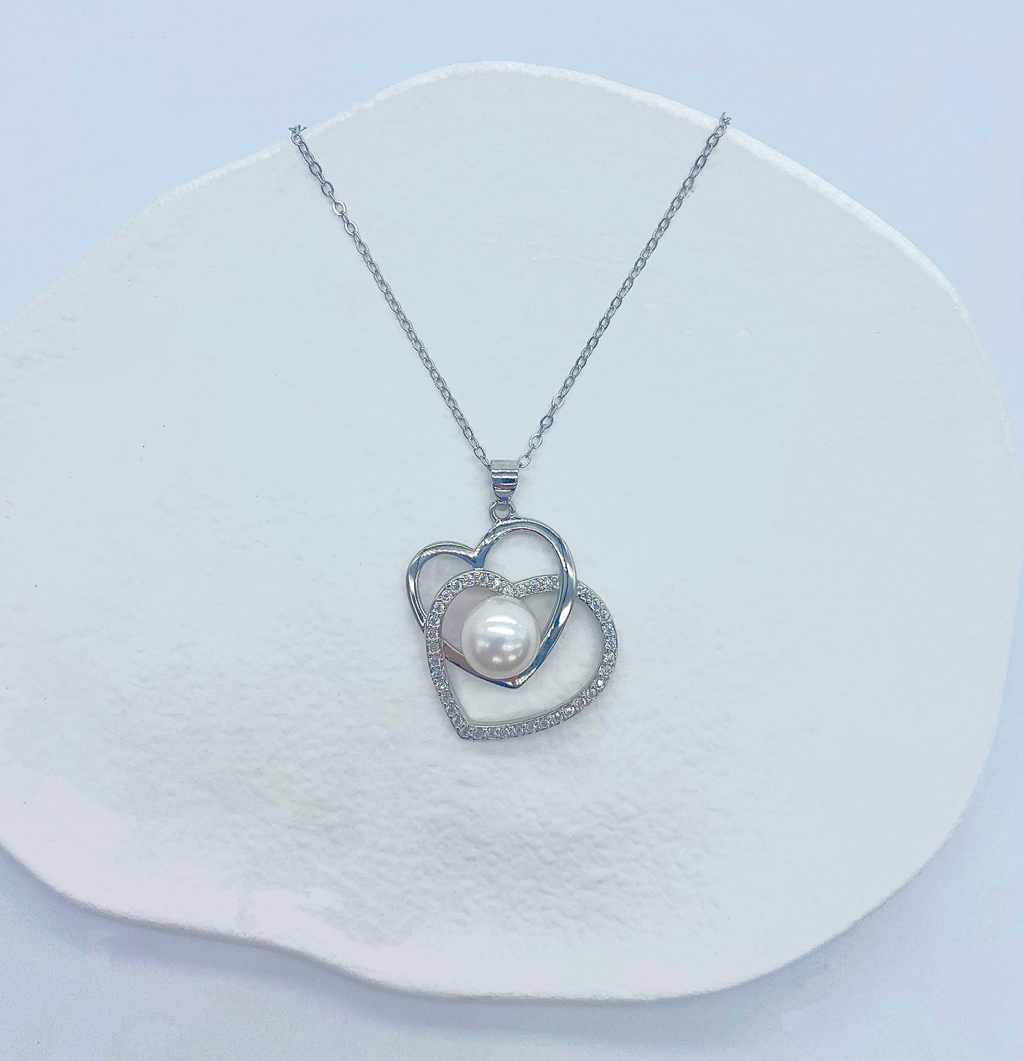 Big Linked Love Heart Pearl Necklace