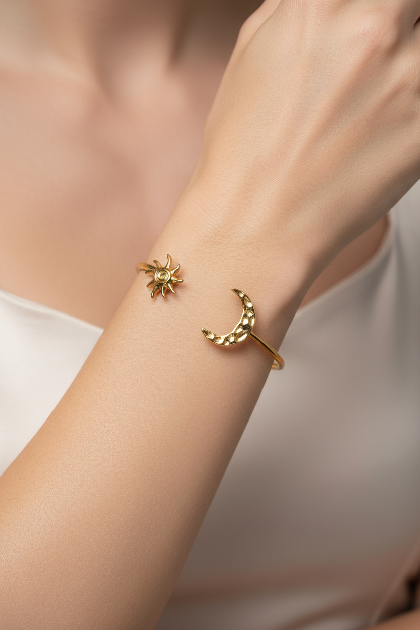 Gold-Tone Celestial Sun & Moon Open Bangle