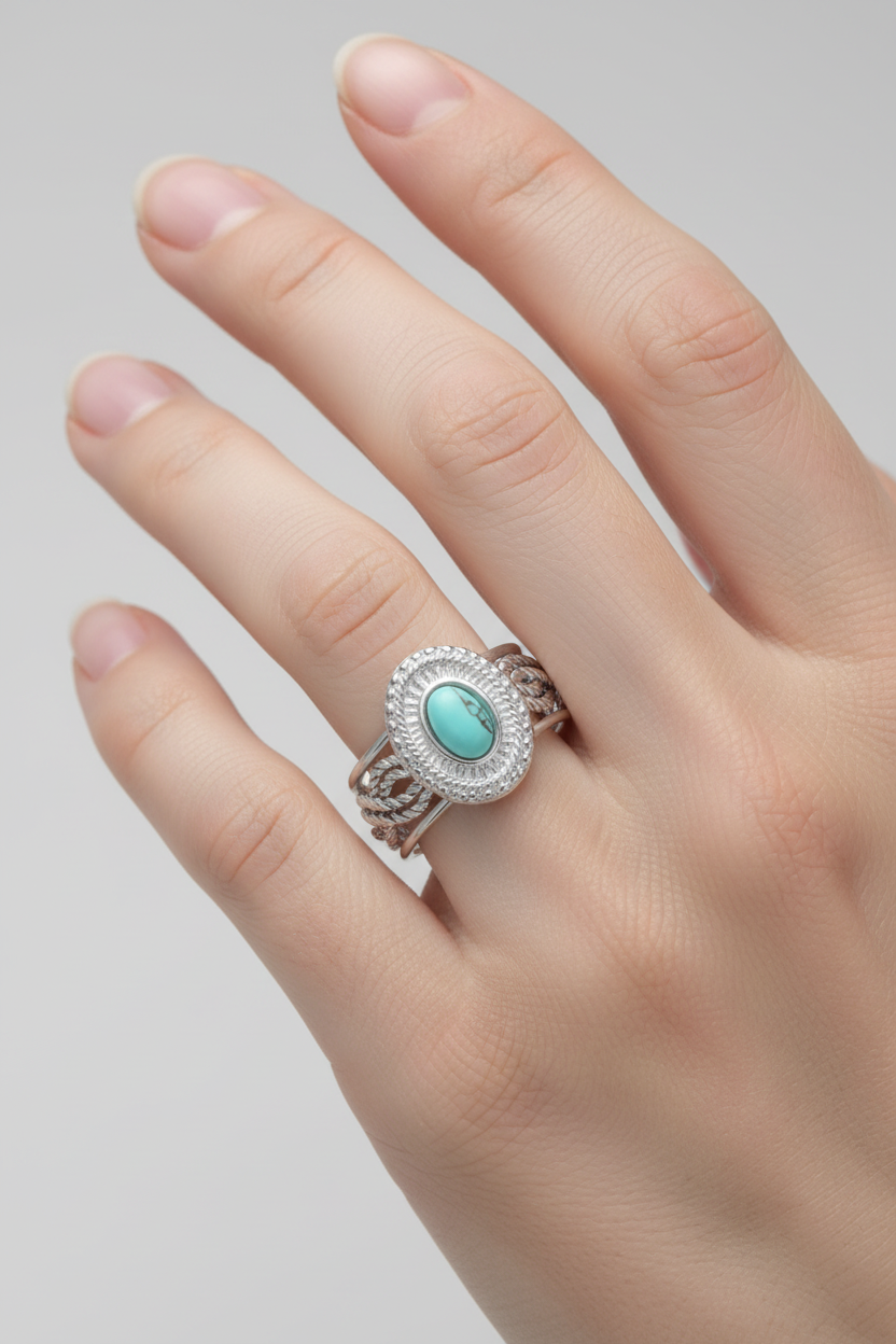 Aqua Oval Botanical Filigree Ring