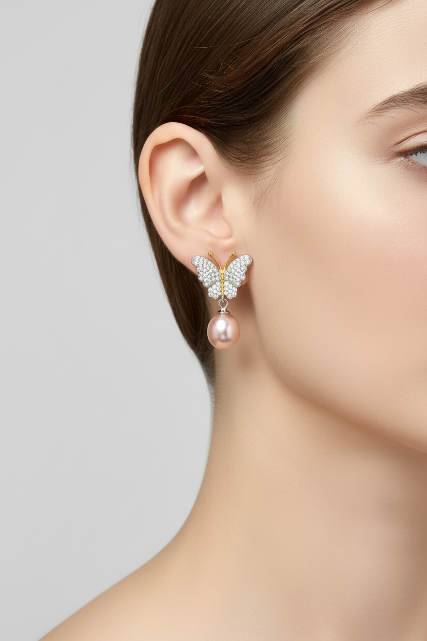 Crystal Butterfly Pearl-Style Drop Earrings