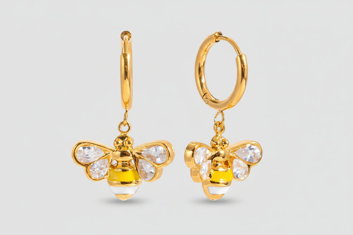 Bee Charm Drop Huggie Earrings
