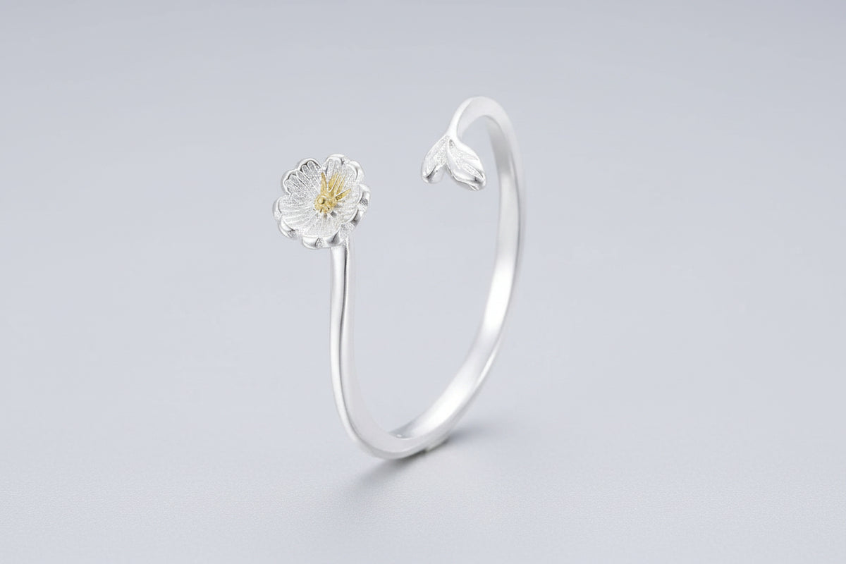 Flower & Leaf Open Cuff Ring