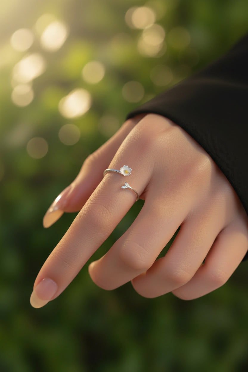 Flower & Leaf Open Cuff Ring