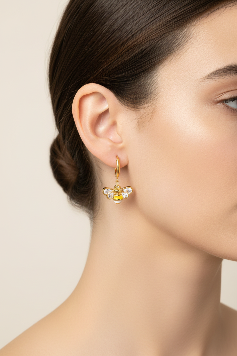 Bee Charm Drop Huggie Earrings
