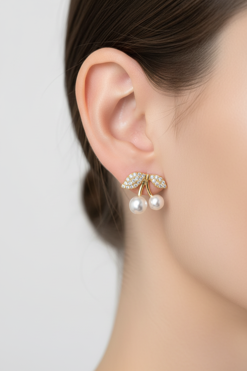 Crystal Leaf Pearl-Style Cherry Stud Earrings
