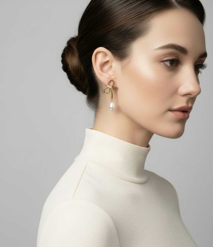 Vertical Bow Tie Pearl Earrings