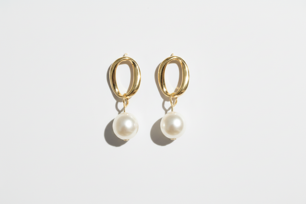 Gold-Tone Pearl-Style Oval Drop Earrings