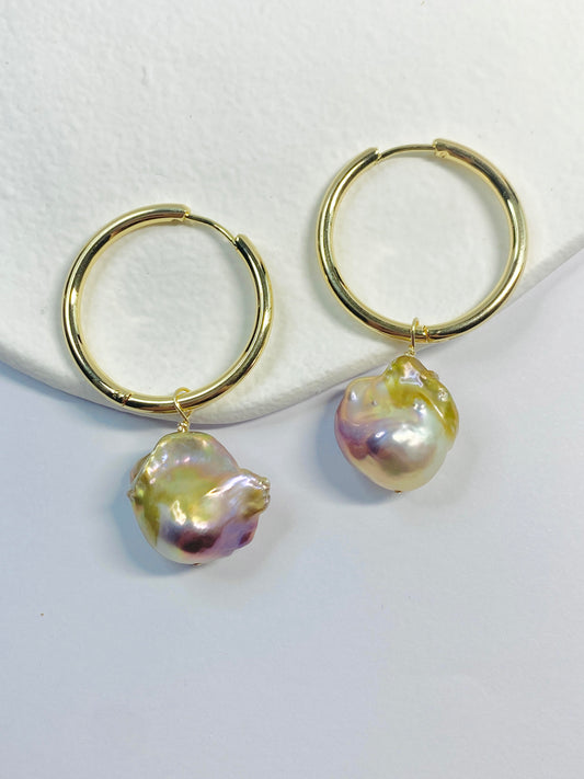 Big Hoop Purple Baroque Pearl Earrings